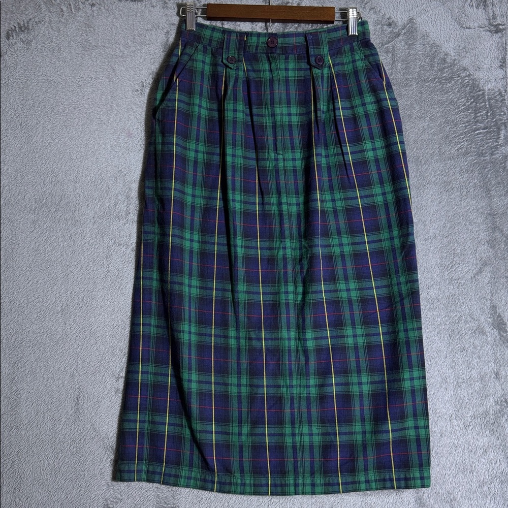 VINTAGE Plaid Skirt Midi Green & Navy (High Waisted 27") Women's Sz 8 Bechmel